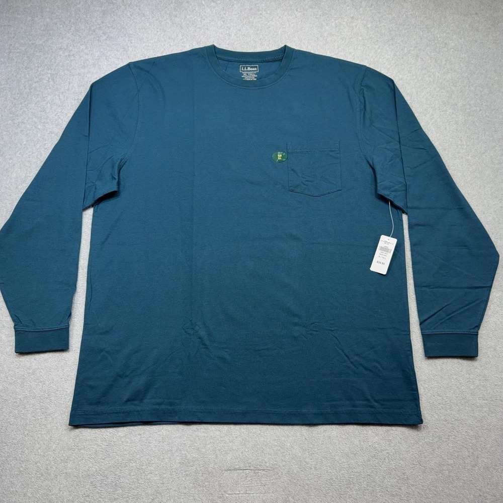 LL Bean Shirt Mens XLT Teal Blue Carefree Unshrinkable Pocket Tee Casual Outdoor